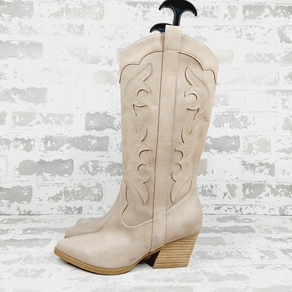 NEW Dolce Vita Karda Tan Western Stitch Block Heel Pointed Toe Tall Boots K393